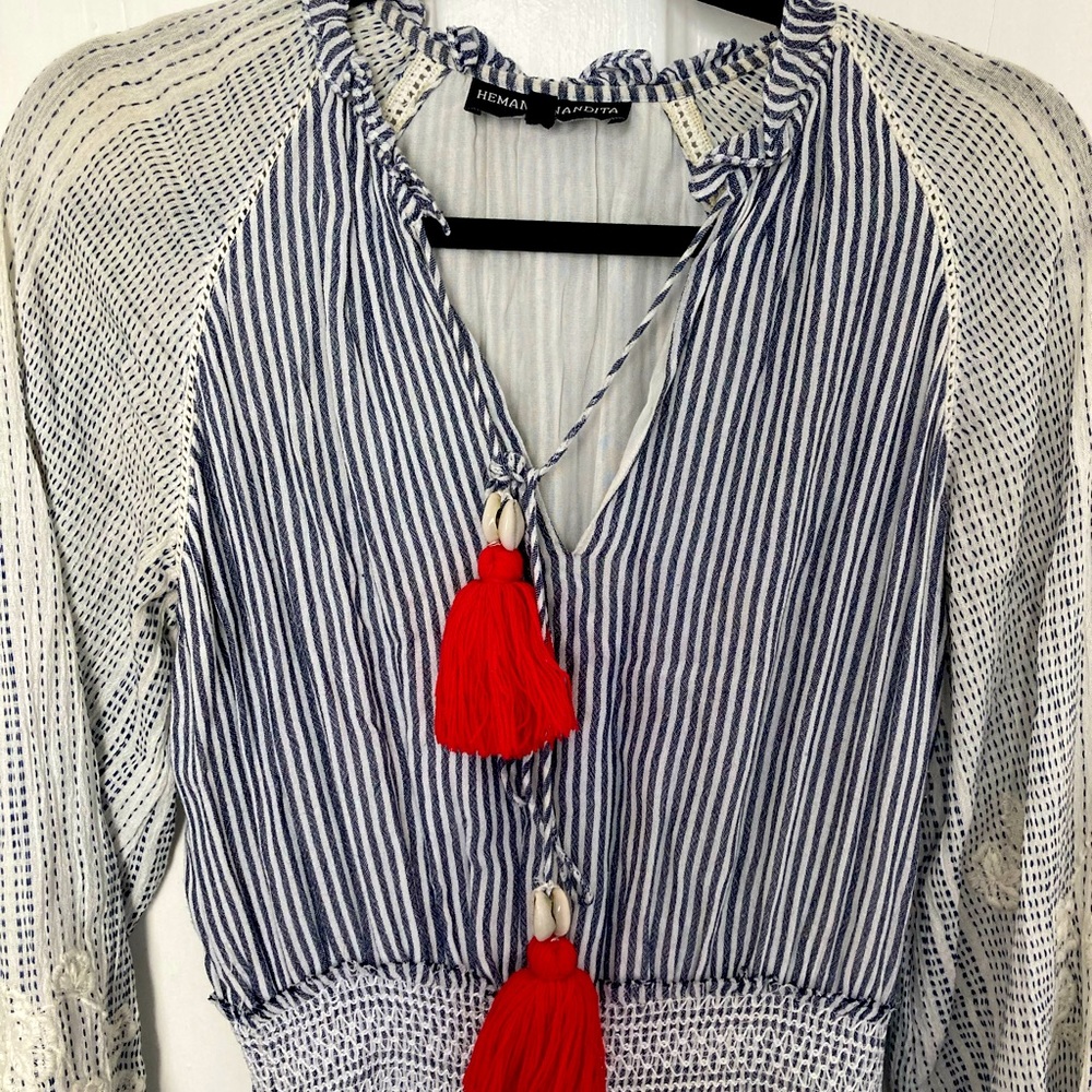 Hemant & Nandita Women's Tassel Pom Pom Short Dress, Blue & White, size M